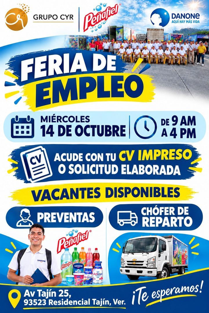 Banner del anuncio de la vacante: GRUPO CYR · Lenifies · DANONE · AQUÍ HAY MÁS VIDA · FERIA DE · EMPLEO · MIÉRCOLES · 14 DE OCTUBRE · DE 9 AM · A 4 PM · ACUDE CON TU CV IMPRE