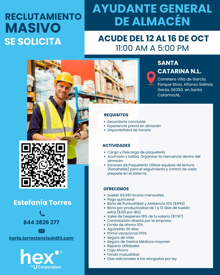 Banner del anuncio de la vacante: RECLUTAMIENTO · MASIVO · SE SOLICITA · AYUDANTE GENERAL · DE ALMACÉN · ACUDE DEL 12 AL 16 DE OCT · 11:00 AM A 5:00 PM · SANTA · CATARINA N.L