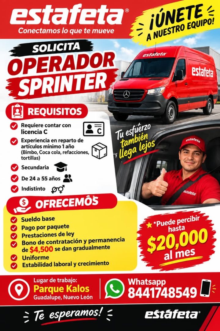 Banner del anuncio de la vacante: estafeta® · Conectamos lo que te mueve · SOLICITA · OPERADOR · SPRINTER · REQUISITOS · Requiere contar con · licencia C · Experiencia en rep