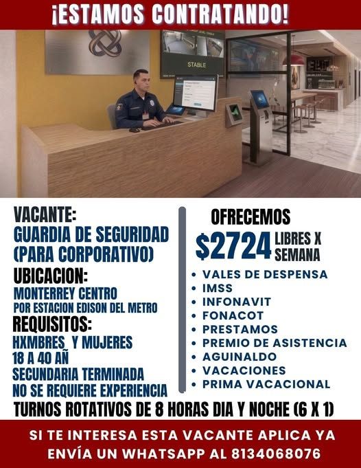 Banner del anuncio de la vacante: ¡ESTAMOS CONTRATANDO! · STABLE · VACANTE: · OFRECEMOS · GUARDIA DE SEGURIDAD · 2721 LIBRES · (PARA CORPORATIVO) · * SEMAN · UBICACION: · • V