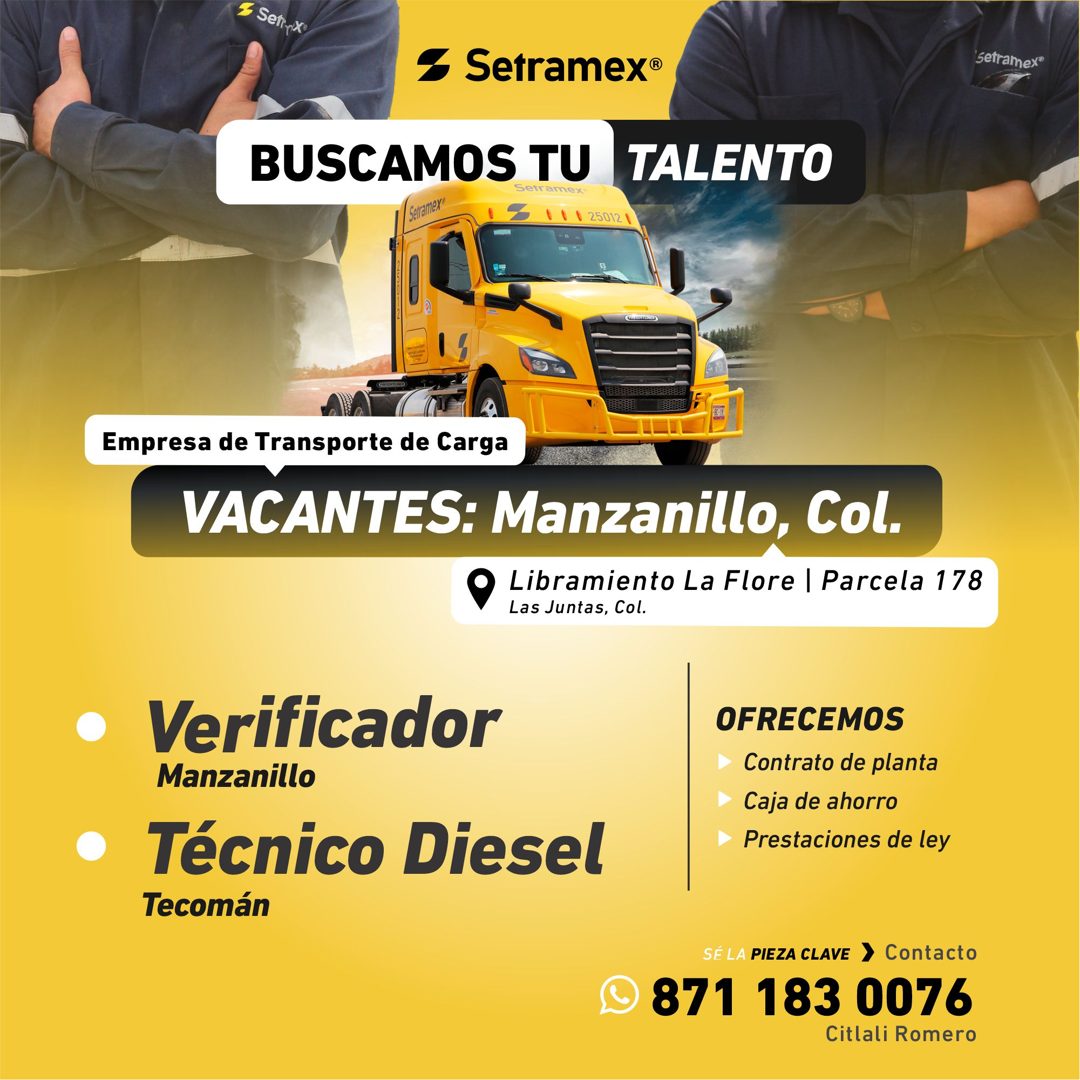 Banner del anuncio de la vacante: Senixo · & Setramex® · 'setramex® · BUSCAMOS TU TALENTO · Setramex · Saramero · 1 1 | 25012\ · Empresa de Transporte de Carga · VACANTES: Ma