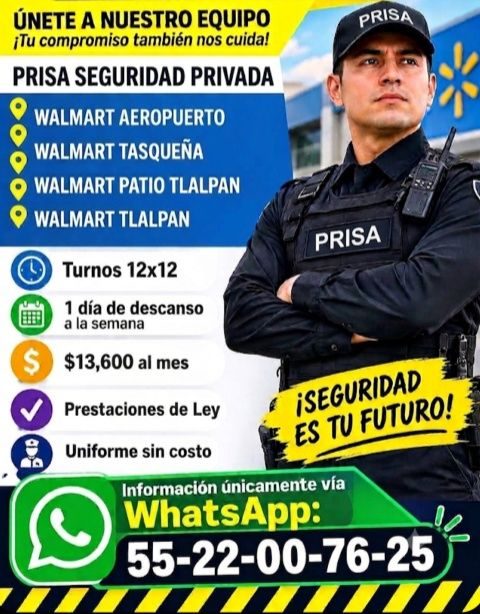 Banner del anuncio de la vacante: ÚNETE A NUESTRO EQUIPO · ¡Tu compromiso también nos cuida! · PRISA SEGURIDAD PRIVADA · WALMART AEROPUERTO · WALMART TASQUEÑA · WALMART PATIO