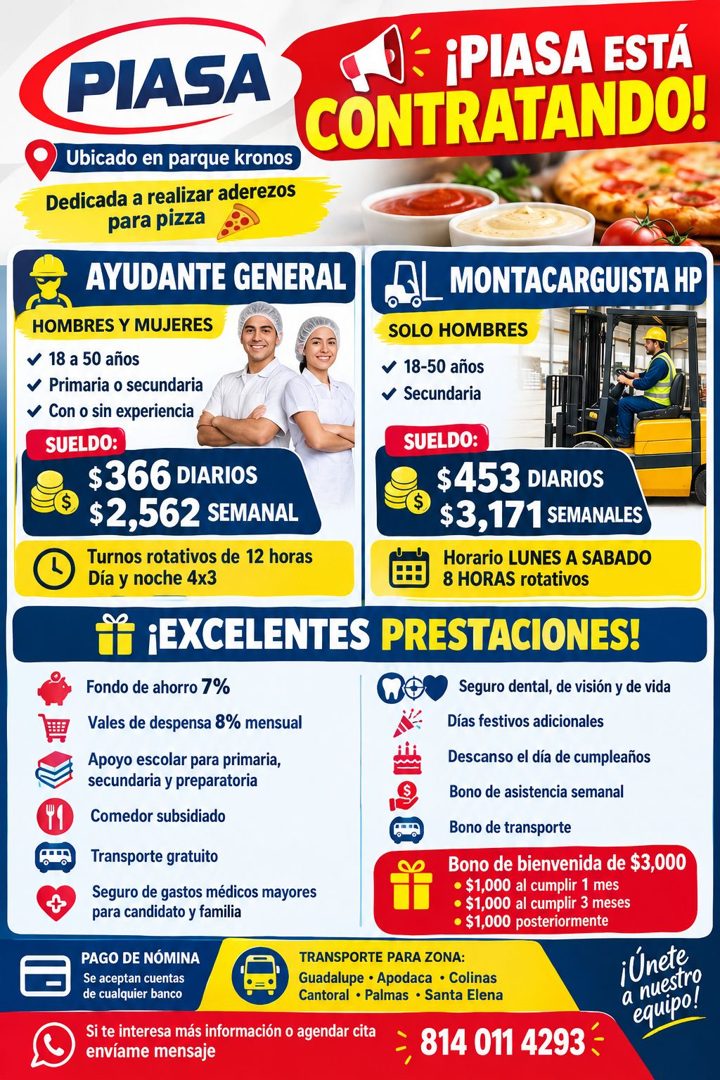 Banner del anuncio de la vacante: PIASA · ¡PIASA ESTA · CONTRATANDO! · Ubicado en parque kronos · Dedicada a realizar aderezos · para pizza · AYUDANTE GENERAL · MONTACARGUIST
