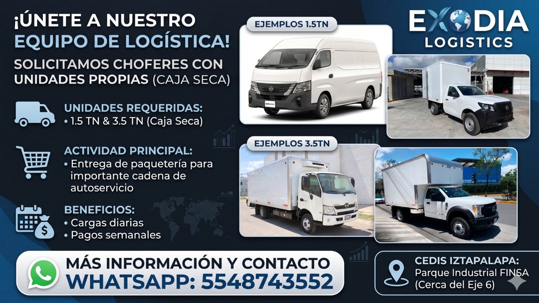 Banner del anuncio de la vacante: ¡ÚNETE A NUESTRO · EQUIPO DE LOGÍSTICA! · SOLICITAMOS CHOFERES CON · UNIDADES PROPIAS (CAJA SECA) · UNIDADES REQUERIDAS: · • 1.5 TN & 3.5 TN