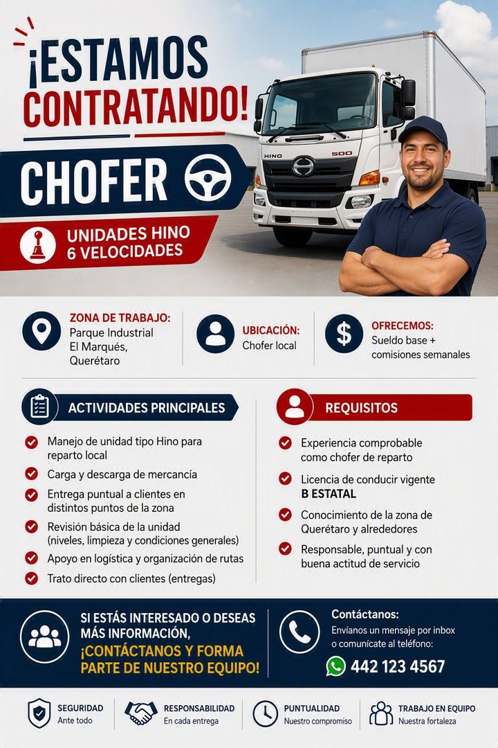 Banner del anuncio de la vacante: ¡ESTAMOS · CONTRATANDO! o · HINO · 500 · CHOFER · UNIDADES HINO · 6 VELOCIDADES · ZONA DE TRABAJO: · Parque Industrial · El Marqués, · Queré