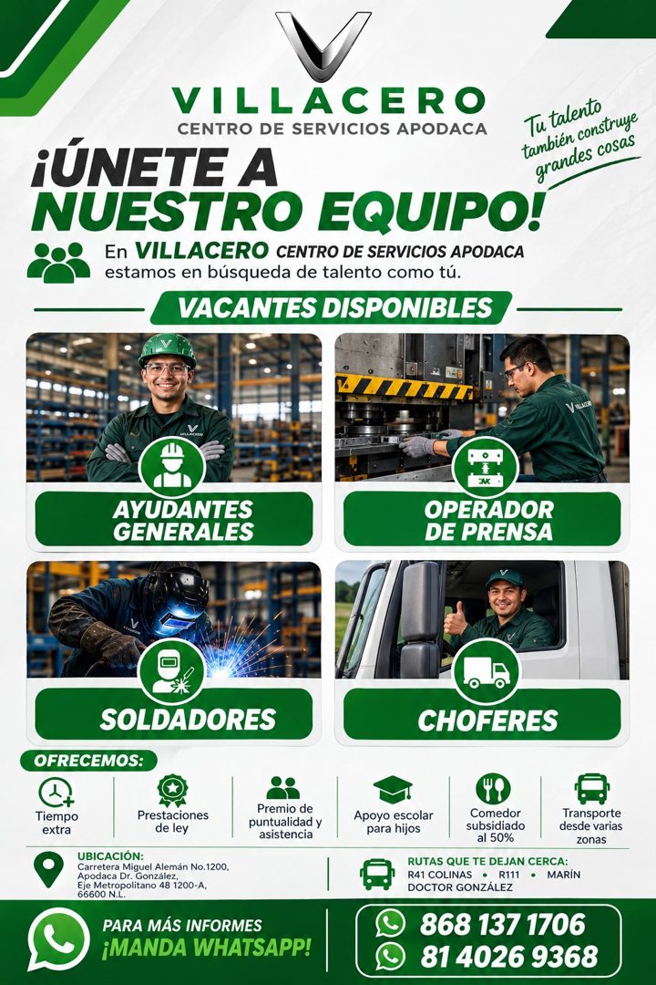 Banner del anuncio de la vacante: VILLACERO · CENTRO DE SERVICIOS APODACA · Tu talento · ¡ÚNETE A · también construye · grandes cosas · NUESTRO EQUIPO! · En VILLACERO CENTRO 