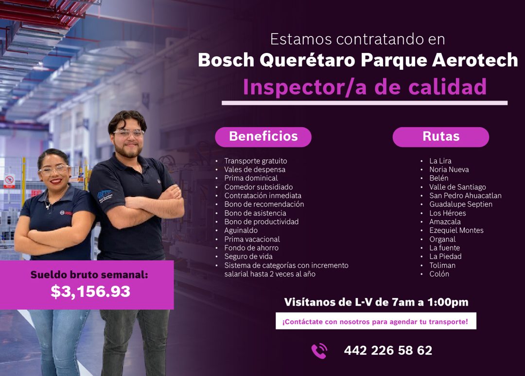 Banner del anuncio de la vacante: Sueldo bruto semanal: · $3,156.93 · Estamos contratando en · Bosch Querétaro Parque Aerotech · Inspector/a de calidad · Beneficios · Transpo