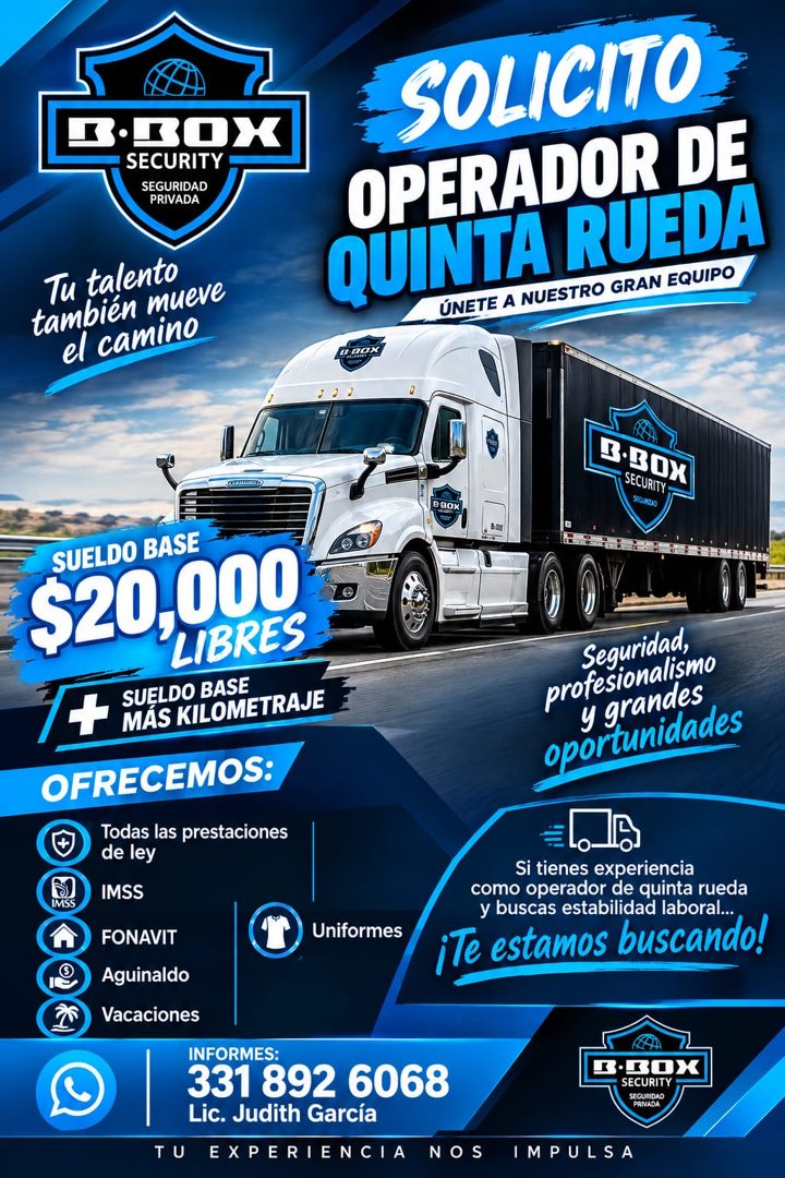 Banner del anuncio de la vacante: SECURITY · SEGURIDAD · PRIVADA · Tu talento · también mueve · el camino · SOLICITO · OPERADOR DE · QUINTA RUEDA · ÚNETE A NUESTRO GRAN EQUIP