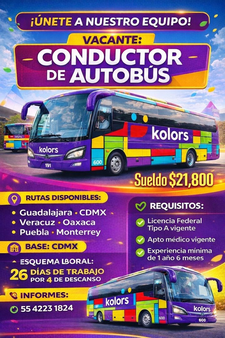 Banner del anuncio de la vacante: ¡ÚNETE A NUESTRO EQUIPO! · VACANTE: · - CONDUCTOR · DE AUTOBUS · - · Blons · kolors · kolors · 191 · 600 · RUTAS DISPONIBLES: · • Guadalajar
