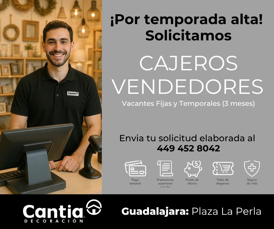 Banner del anuncio de la vacante: Cantia B · Cantia · DECORACIÓN · ¡Por temporada alta! · Solicitamos · CAJEROS · VENDEDORES · Vacantes Fijas y Temporales (3 meses) · Envia t