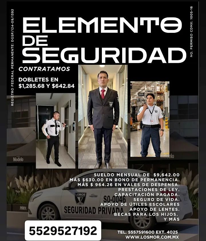 Banner del anuncio de la vacante: REGISTRO FEDERAL PERMANENTE: DGSP/124-09/1392 · ELEMENTO · DE · SEGURIDAD · CONTRATAMOS · DOBLETES EN · $1,285.68 Y $642.84 · Modelo · SUELD