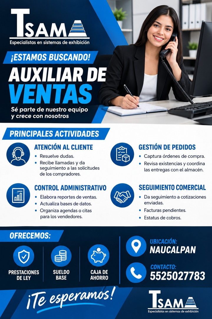 Banner del anuncio de la vacante: ISAM · Especialistas en sistemas de exhibición · ¡ESTAMOS BUSCANDO! · AUXILIAR DE · VENTAS · Sé parte de nuestro equipo · y crece con nosotr