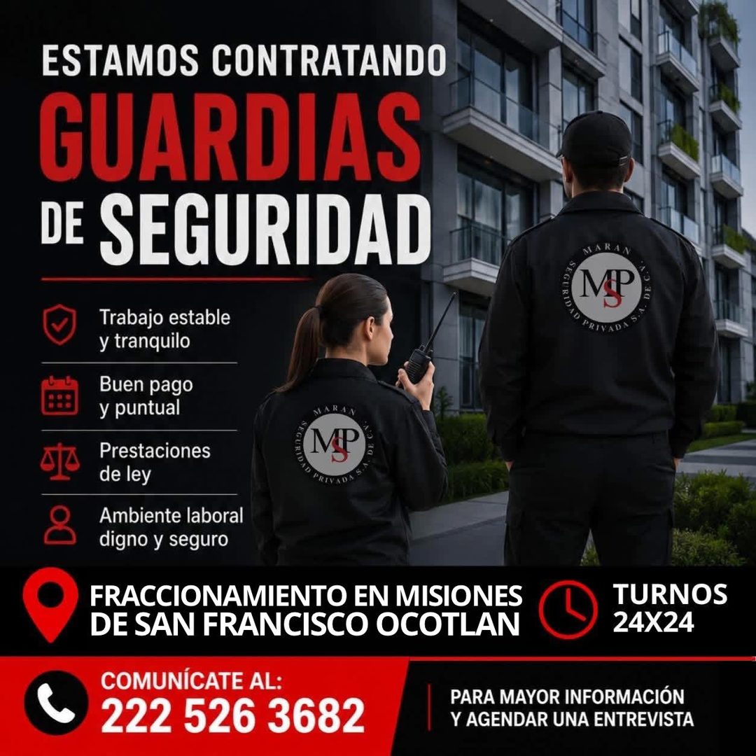 Banner del anuncio de la vacante: ESTAMOS CONTRATANDO · GUARDIAS · DE SEGURIDAD · Trabajo estable · y tranquilo · Buen pago · y puntual · ARAN · Prestaciones · de ley · Ambie