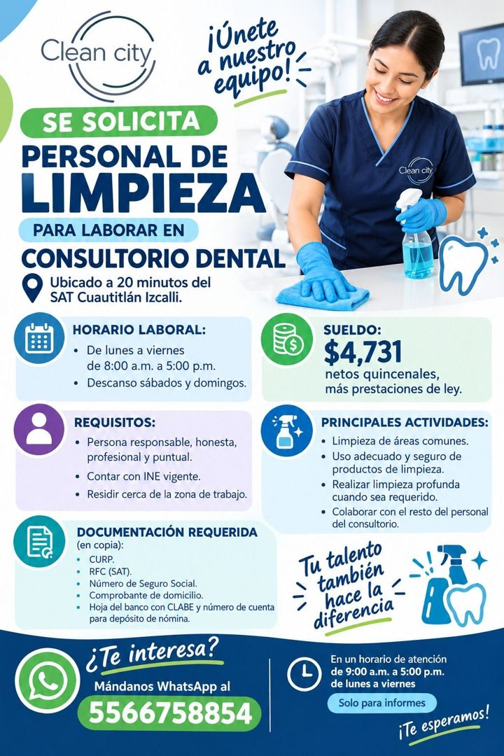 Banner del anuncio de la vacante: Clean city · júnete · a nuestro, · equipo! · SE SOLICITA · PERSONAL DE · LIMPIEZA · PARA LABORAR EN · CONSULTORIO DENTAL · Ubicado a 20 minu