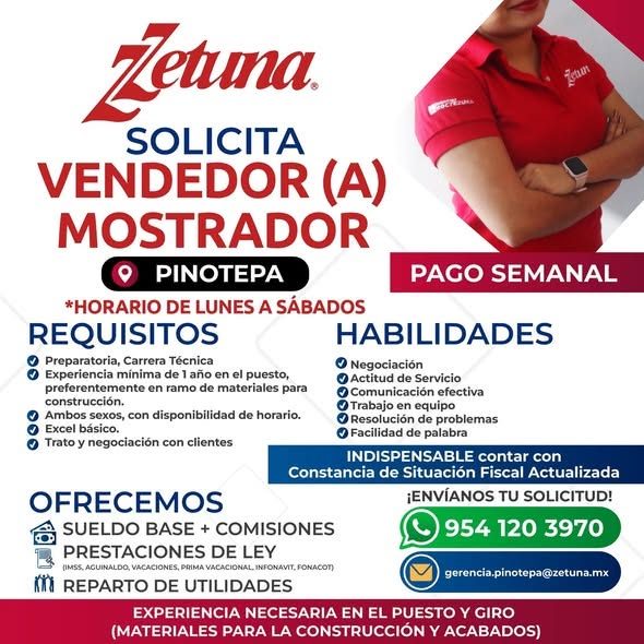 Banner del anuncio de la vacante: Jetuna · SOLICITA · VENDEDOR (A) · MOSTRADOR · PINOTEPA · *HORARIO DE LUNES A SÁBADOS · REQUISITOS · Preparatoria, Carrera Técnica · • Exper