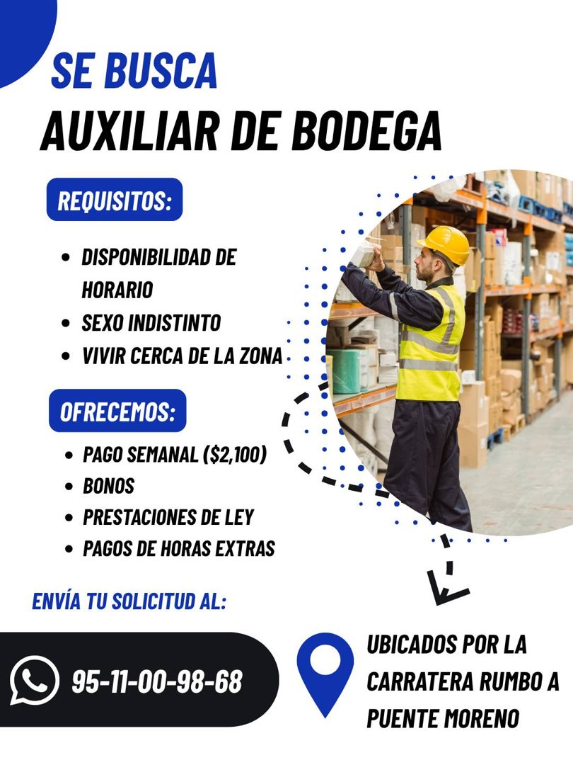 Banner del anuncio de la vacante: SE BUSCA · AUXILIAR DE BODEGA · REQUISITOS: · • DISPONIBILIDAD DE · HORARIO · • SEXO INDISTINTO · • VIVIR CERCA DE LA ZONA • · OFRECEMOS: · 
