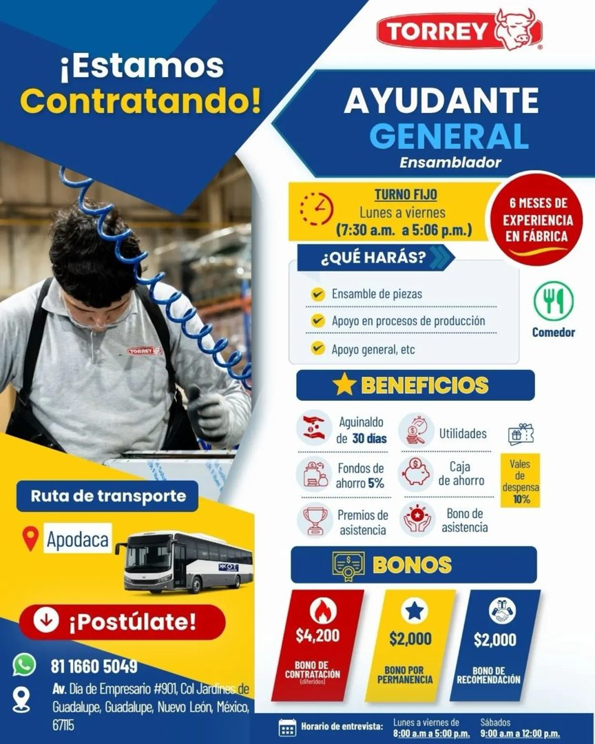 Banner del anuncio de la vacante: TORREY · ¡Estamos · Contratando! · TORREY FA · Ruta de transporte · Apodaca · AYUDANTE · GENERAL · Ensamblador · TURNO FIJO · Lunes a vierne