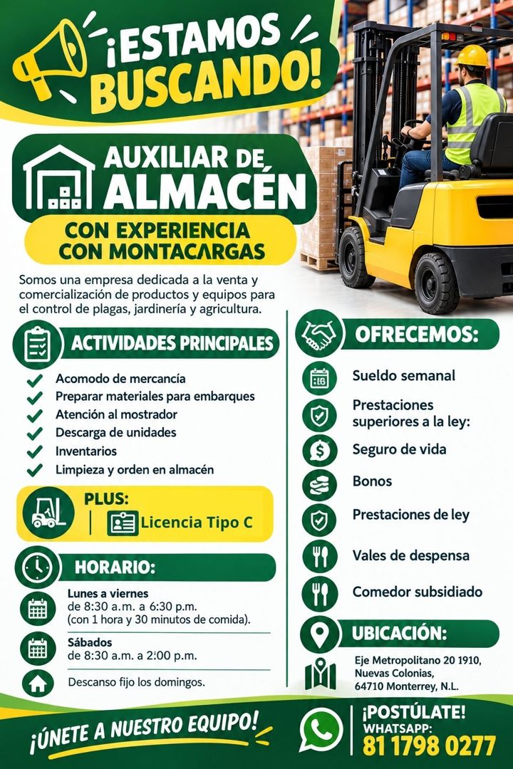 Banner del anuncio de la vacante: D ¡ESTAMOS k · BUSCANDO! · AUXILIAR DE · ALMACEN · CON EXPERIENCIA · CON MONTACARGAS · Somos una empresa dedicada a la venta y · comercializ
