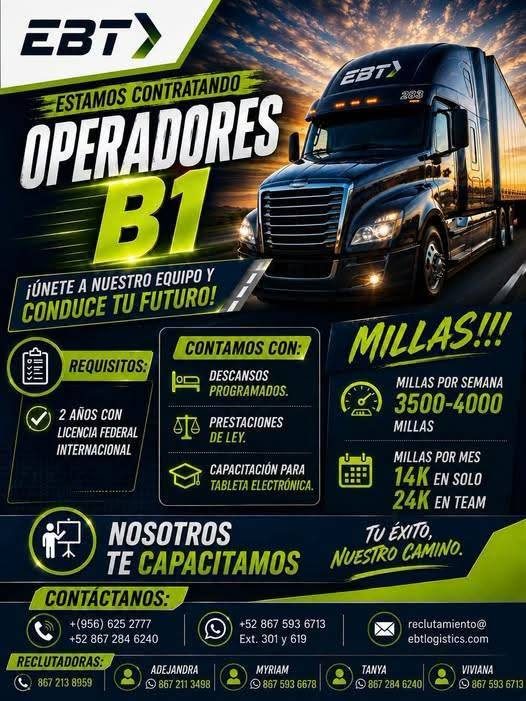 Banner del anuncio de la vacante: EBTS · -ESTAMOS CONTRATANDO. · OPERADORES · B1 · ¡ÚNETE A NUESTRO EQUIPO Y · CONDUCE TU FUTURO! · REQUISITOS: · CONTAMOS CON: · DESCANSOS · 