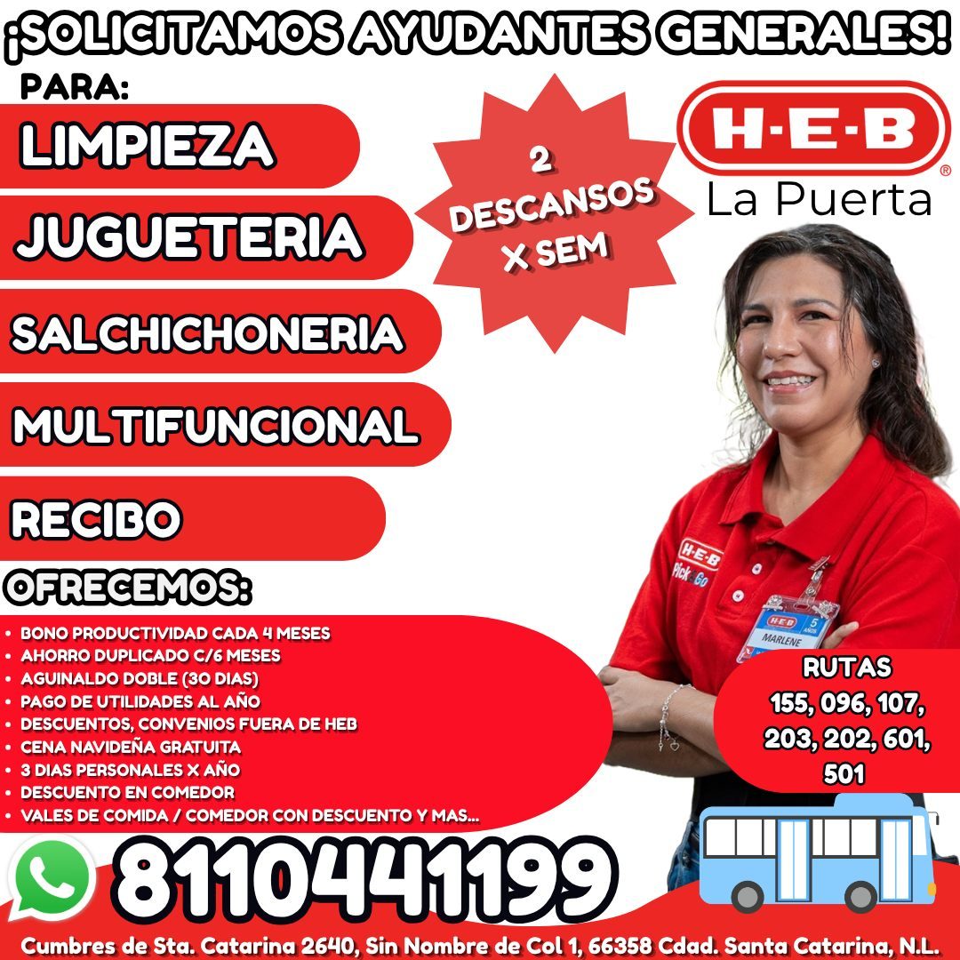Banner del anuncio de la vacante: ¡SOLICITAMOS AYUDANTES GENERALES! · PARA: · LIMPIEZA · H-E-B · JUGUETERIA · DESCANSOS · x SEM · La Puerta · SALCHICHONERIA · MULTIFUNCIONAL 