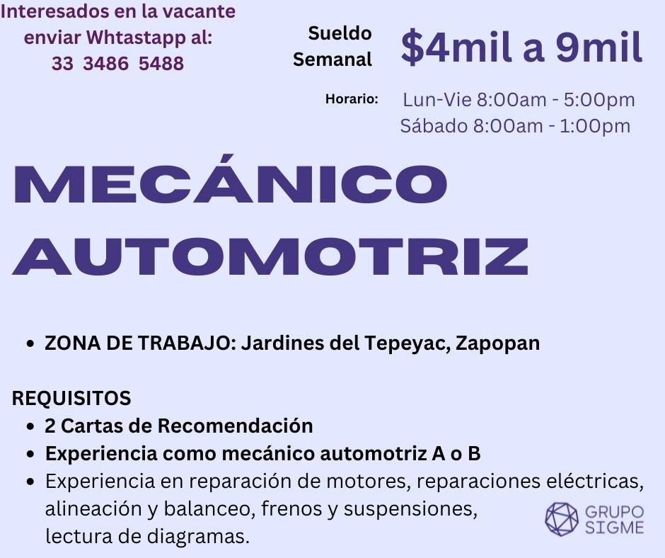 Banner del anuncio de la vacante: Interesados en la vacante · enviar Whtastapp al: · 33 3486 5488 · Sueldo · Semanal · $4mil a 9mil · Horario: · Lun-Vie 8:00am - 5:00pm · Sáb
