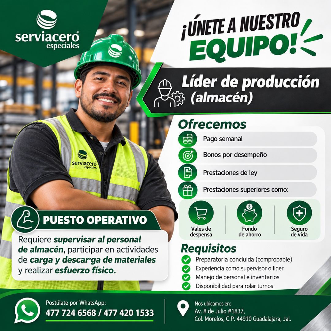 Banner del anuncio de la vacante: serviacero® · especiales · serviaceró · especiales · E PUESTO OPERATIVO · Requiere supervisar al personal · de almacén, participar en activi