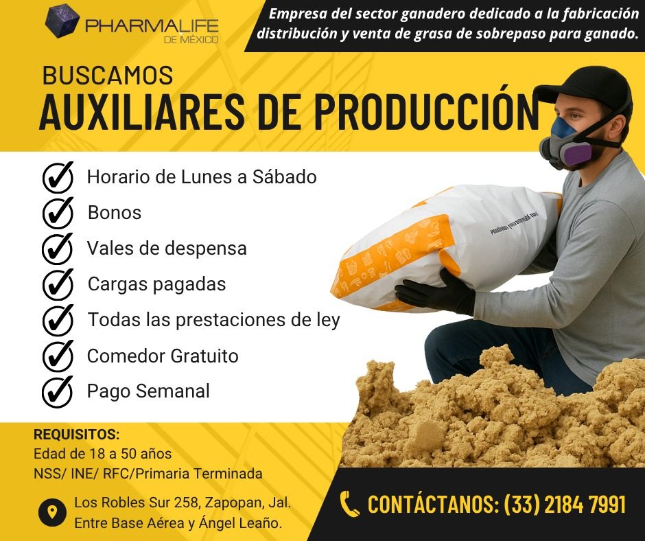 Banner del anuncio de la vacante: PHARMALIFE · DE MÉXICO · Empresa del sector ganadero dedicado a la fabricación · distribución y venta de grasa de sobrepaso para ganado. · B