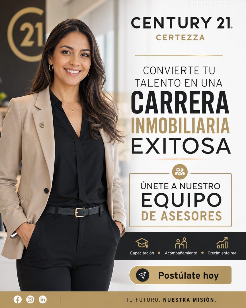 Banner del anuncio de la vacante: CENTURY 21. · CERTEZZA · CONVIERTE TU · TALENTO EN UNA · CARRERA · INMOBILIARIA · EXITOSA · ÚNETE A NUESTRO · EQUIPO · DE ASESORES · Capacit