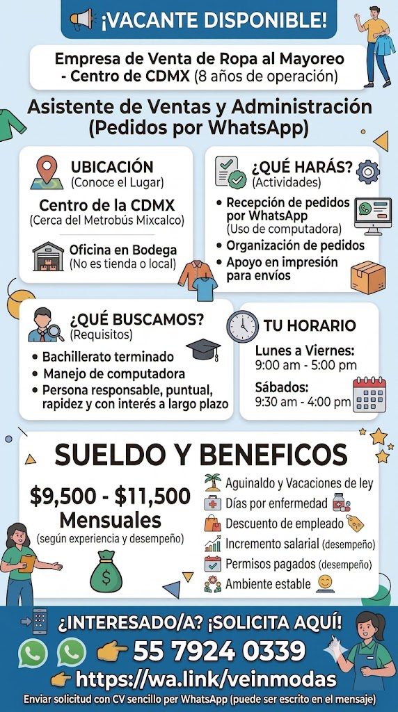 Banner del anuncio de la vacante: ¡VACANTE DISPONIBLE! · Empresa de Venta de Ropa al Mayoreo · - Centro de CDMX (8 años de operación) · Asistente de Ventas y Administración ·
