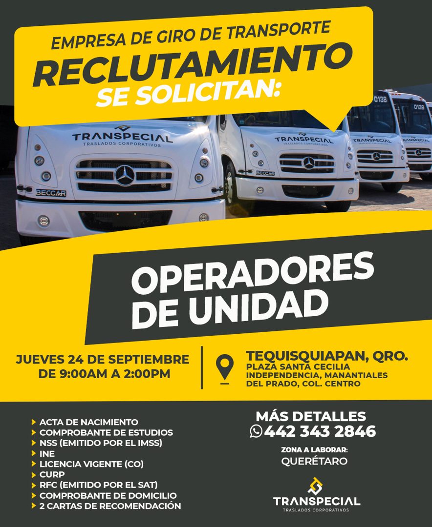 Banner del anuncio de la vacante: EMPRESA DE GIRO DE TRANSPORTE · RECLUTAMIENTO · SE SOLICITAN: · 0138 · 0139 · TRANSPECIAL · TRASLADOS CORPORATIVOS · TRANSPECIAL · TRASLADOS