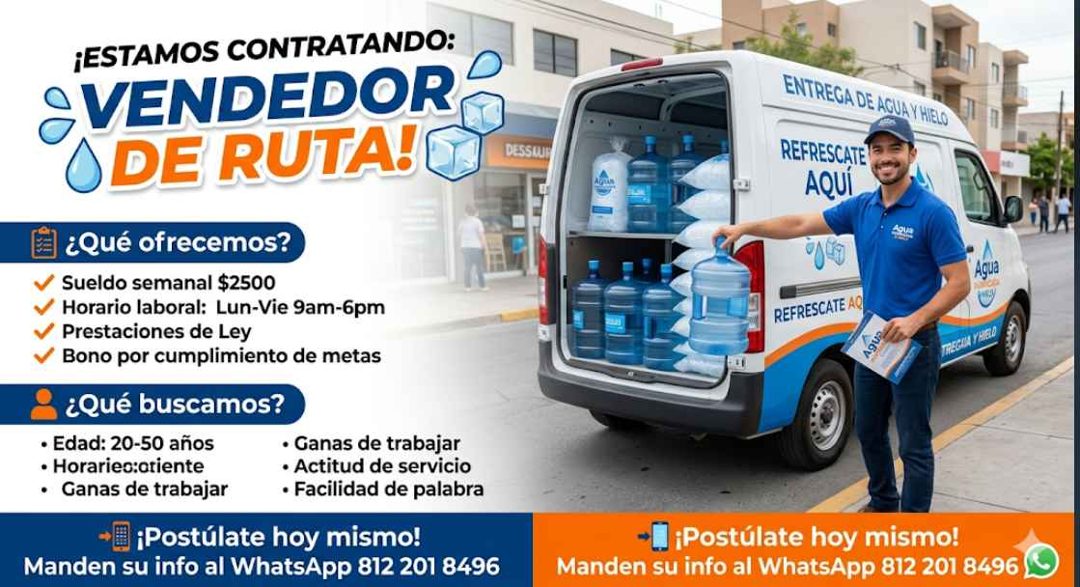 Banner del anuncio de la vacante: ¡ESTAMOS CONTRATANDO: · VENDEDOR · DE RUTA! · DESSAUR · ¿Qué ofrecemos? · Sueldo semanal $2500 · V Horario laboral: Lun-Vie 9am-6pm · / Pres