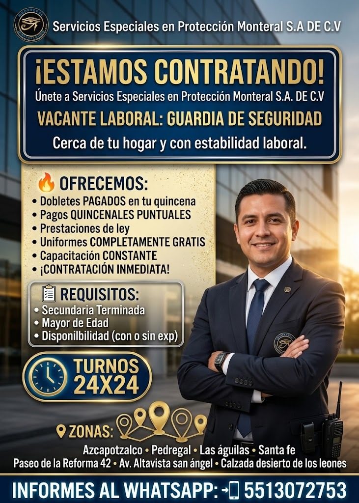 Banner del anuncio de la vacante: Servicios Especiales en Protección Monteral S.A DE C.V · ¡ESTAMOS CONTRATANDO! · Únete a Servicios Especiales en Protección Monteral S.A. DE