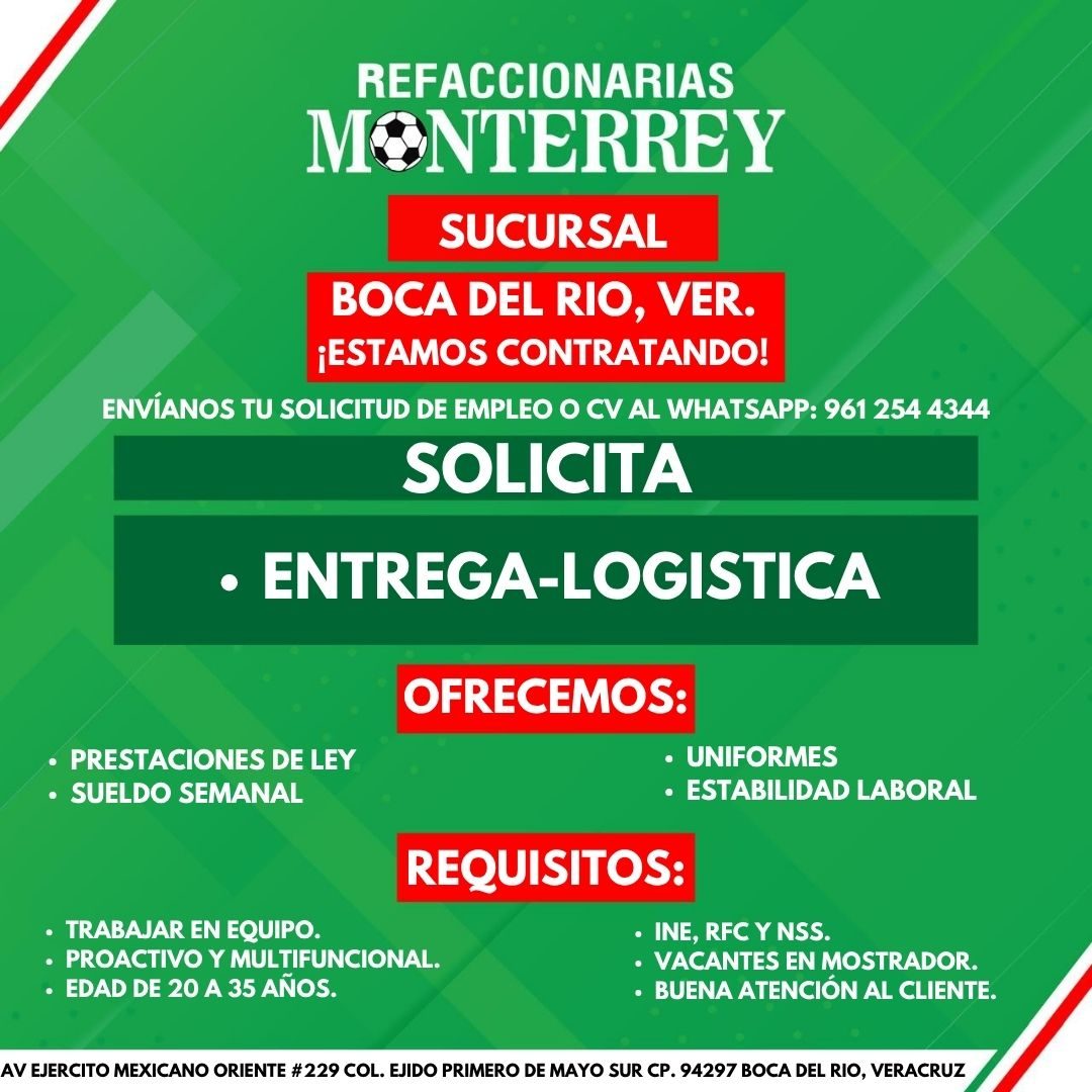Banner del anuncio de la vacante: REFACCIONARIAS · MONTERREY · SUCURSAL · BOCA DEL RIO, VER. · ¡ESTAMOS CONTRATANDO! · ENVÍANOS TU SOLICITUD DE EMPLEO O CV AL WHATSAPP: 961 2