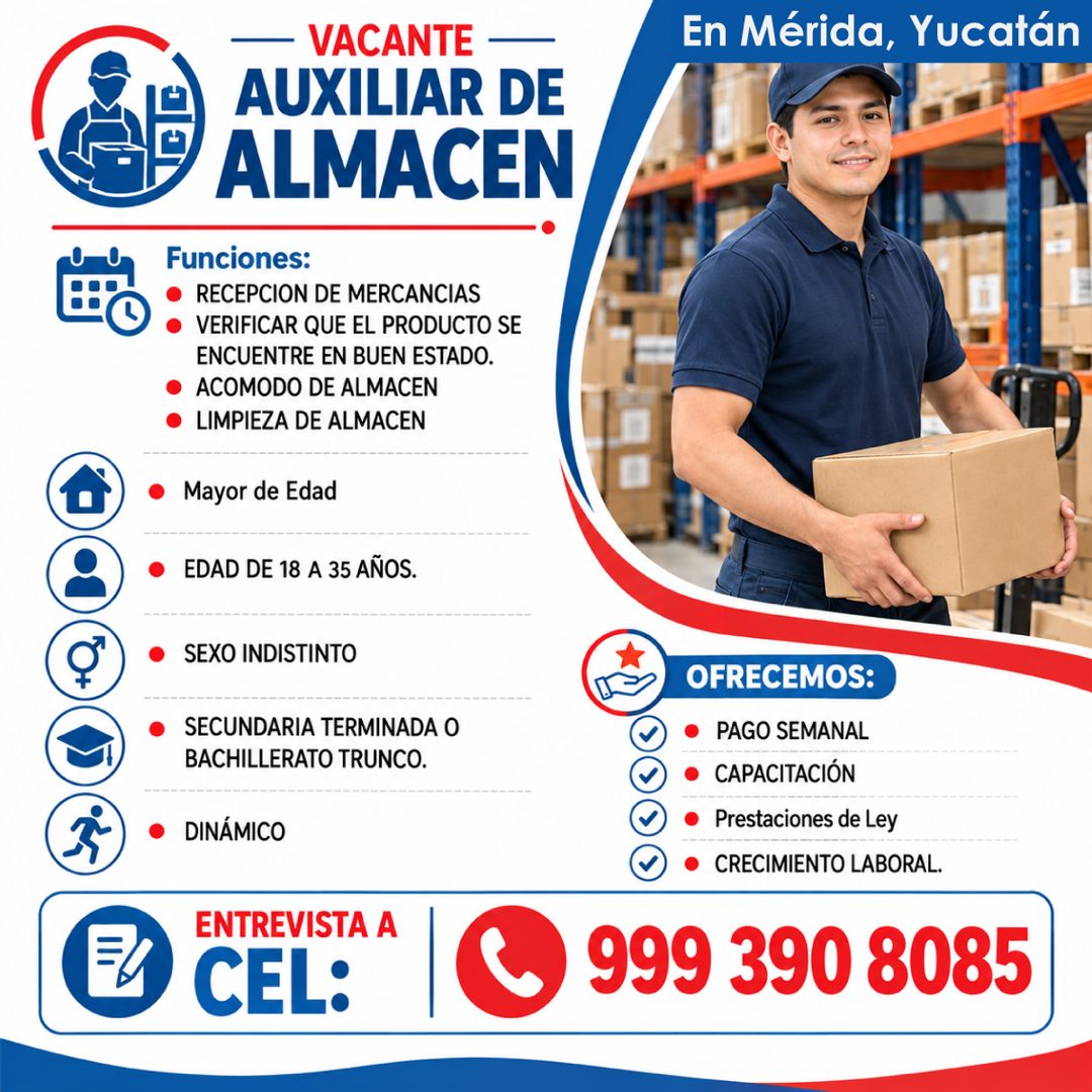 Banner del anuncio de la vacante: VACANTE · AUXILIAR DE · ALMACEN · Funciones: · • · RECEPCION DE MERCANCIAS · VERIFICAR QUE EL PRODUCTO SE · ENCUENTRE EN BUEN ESTADO. · ACOM