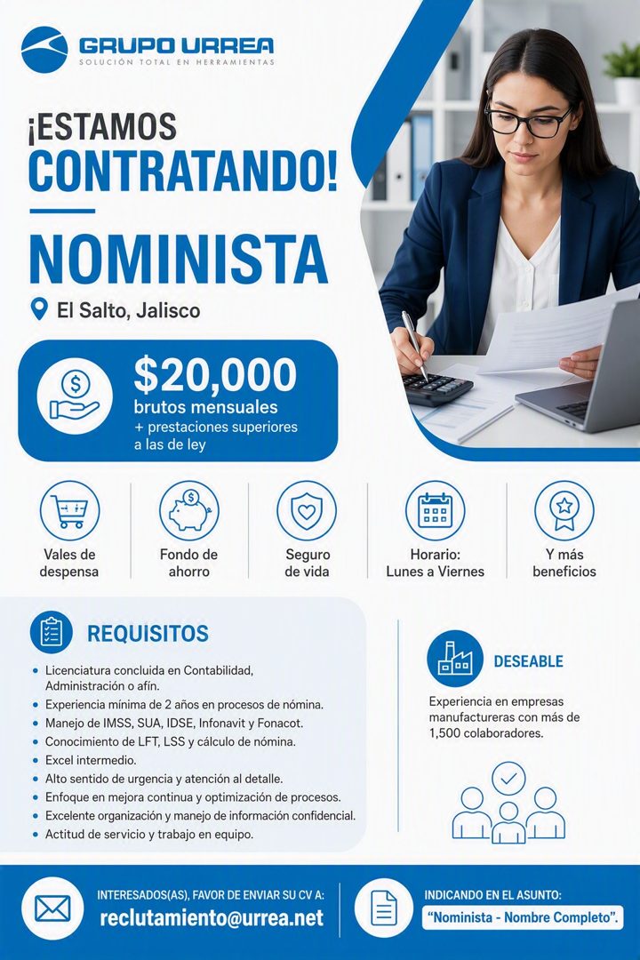 Banner del anuncio de la vacante: GRUPO URREA · SOLUCIÓN TOTAL EN HERRAMIENTAS · ¡ESTAMOS · CONTRATANDO! · NOMINISTA · • El Salto, Jalisco · $20,000 · brutos mensuales · + pr