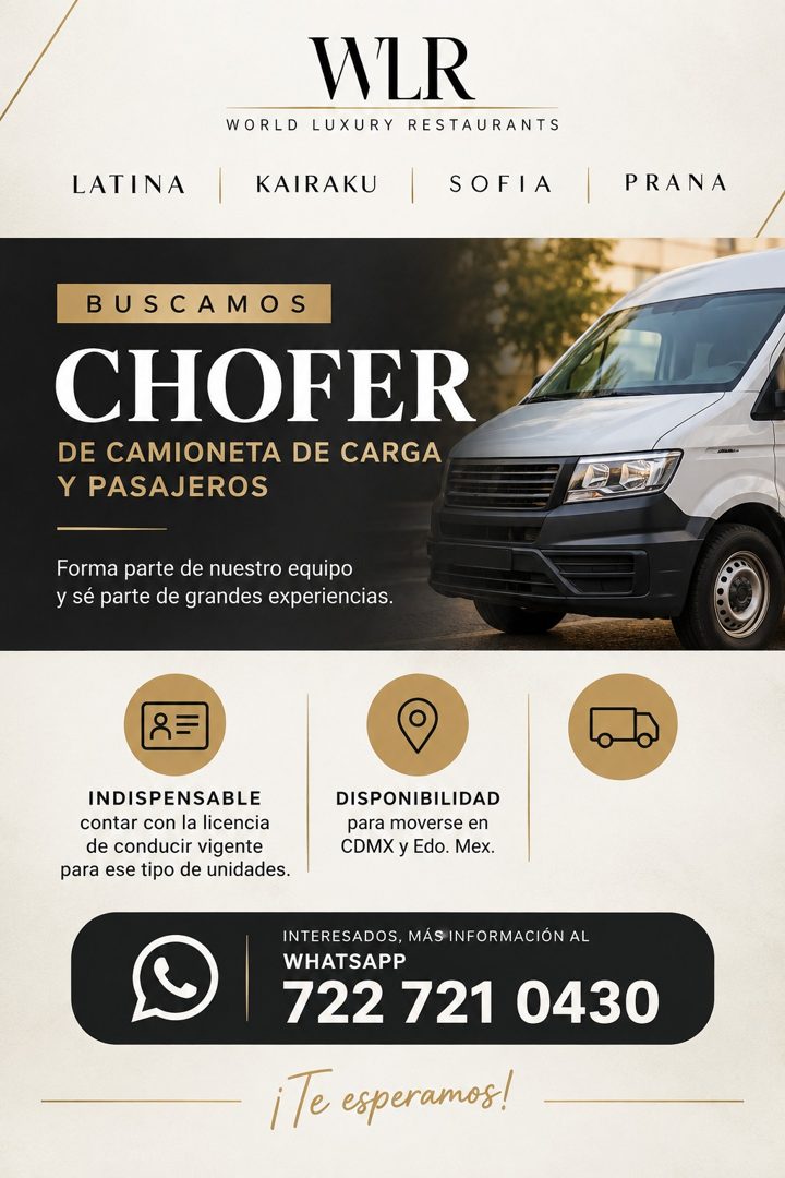 Banner del anuncio de la vacante: LATINA · WLR · WORLD LUXURY RESTAURANTS · KAIRAKU · SOFIA · PRANA · BUSCAMOS · CHOFER · DE CAMIONETA DE CARGA · Y PASAJEROS · Forma parte de