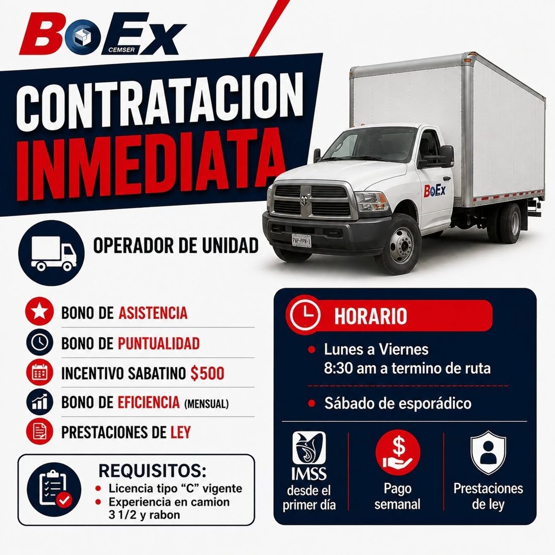 Banner del anuncio de la vacante: BOEX · CEMSER · CONTRATACION · INMEDIATA · BoEx · OPERADOR DE UNIDAD · BONO DE ASISTENCIA · BONO DE PUNTUALIDAD · INCENTIVO SABATINO $500 · 