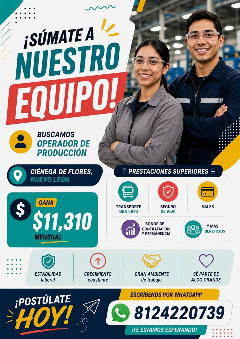 Banner del anuncio de la vacante: ¡SÚMATE A · NUESTRO · EQUIPO! · BUSCAMOS · OPERADOR DE · PRODUCCIÓN · CIÉNEGA DE FLORES, · NUEVO LEÓN · PRESTACIONES SUPERIORES - · GANA · $