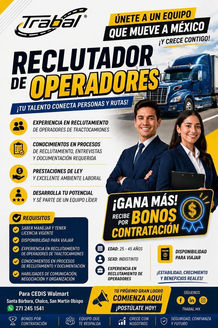 Banner del anuncio de la vacante: Trabal® · ÚNETE A UN EQUIPO · QUE MUEVE A MÉXICO · ¡Y CRECE CONTIGO! · RECLUTADOR · DE OPERADORES · ¡TU TALENTO CONECTA PERSONAS Y RUTAS! · 