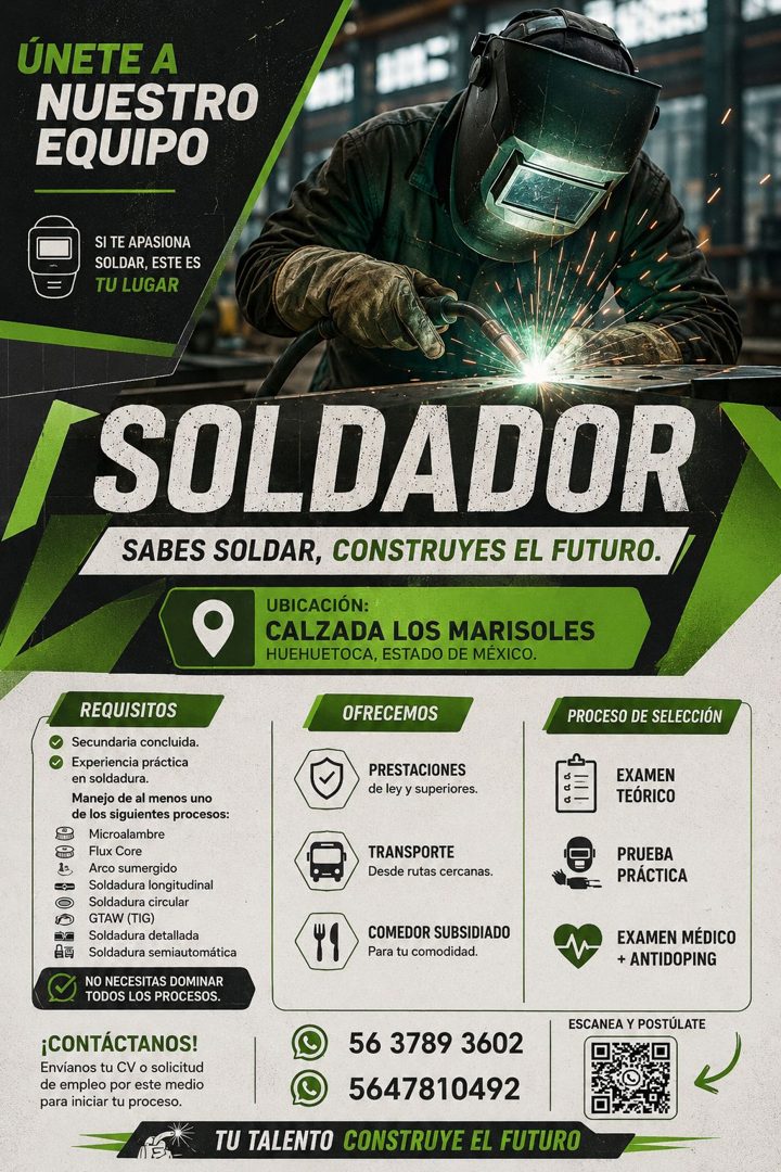 Banner del anuncio de la vacante: ÚNETE A · NUESTRO · EQUIPO · SI TE APASIONA · SOLDAR, ESTE ES · TU LUGAR · SOLDADOR · SABES SOLDAR, CONSTRUYES EL FUTURO. · UBICACIÓN: · CAL