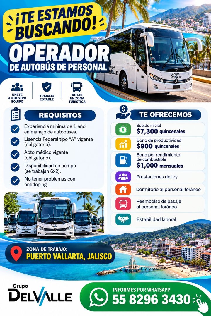 Banner del anuncio de la vacante: ¡TE ESTAMOS · BUSCANDO! : · OPERADOR · DE AUTOBUS DE PERSONAL LE · Grupo · DELVALLE · ÚNETE · A NUESTRO · EQUIPO · TRABAJO · ESTABLE · RUTAS