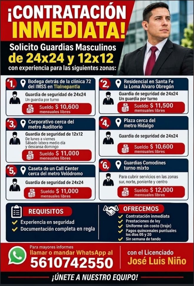 Banner del anuncio de la vacante: ¡CONTRATACIÓN · INMEDIATA! · Solicito Guardias Masculinos · de 24x24 y 12x12 · con experiencia para las siguientes zonas: · 1, · 3 · 5, · Bo