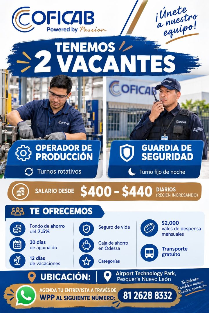 Banner del anuncio de la vacante: COFICAB · Powered by Passion · TENEMOS / · 2 VACANTES · SOFICAB · COFICAS · ¡Únete · a nuestro · equipo! · COFICAB · COFICAB · SEGURIDAD · £