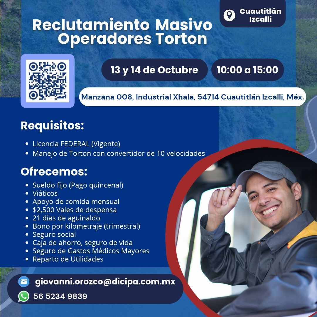 Banner del anuncio de la vacante: Cuautitlán · Izcalli · Reclutamiento Masivo · Operadores Torton · 13 y 14 de Octubre · 10:00 a 15:00 · Manzana 008, Industrial Xhala, 54714 