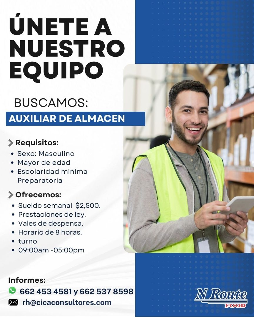 Banner del anuncio de la vacante: ÚNETE A · NUESTRO · EQUIPO · BUSCAMOS: · AUXILIAR DE ALMACEN · › Requisitos: · • Sexo: Masculino · • Mayor de edad · • Escolaridad minima · 