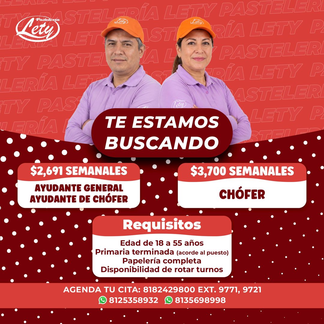 Banner del anuncio de la vacante: Pasteleria · STELERÍA LETY PASTELER · LET · TY PASTEL · LERÍA LE · TY PAS · RÍA · ISTI · RÍA LETY P · AL · I PASTELER · piA LETY P · ASTELER