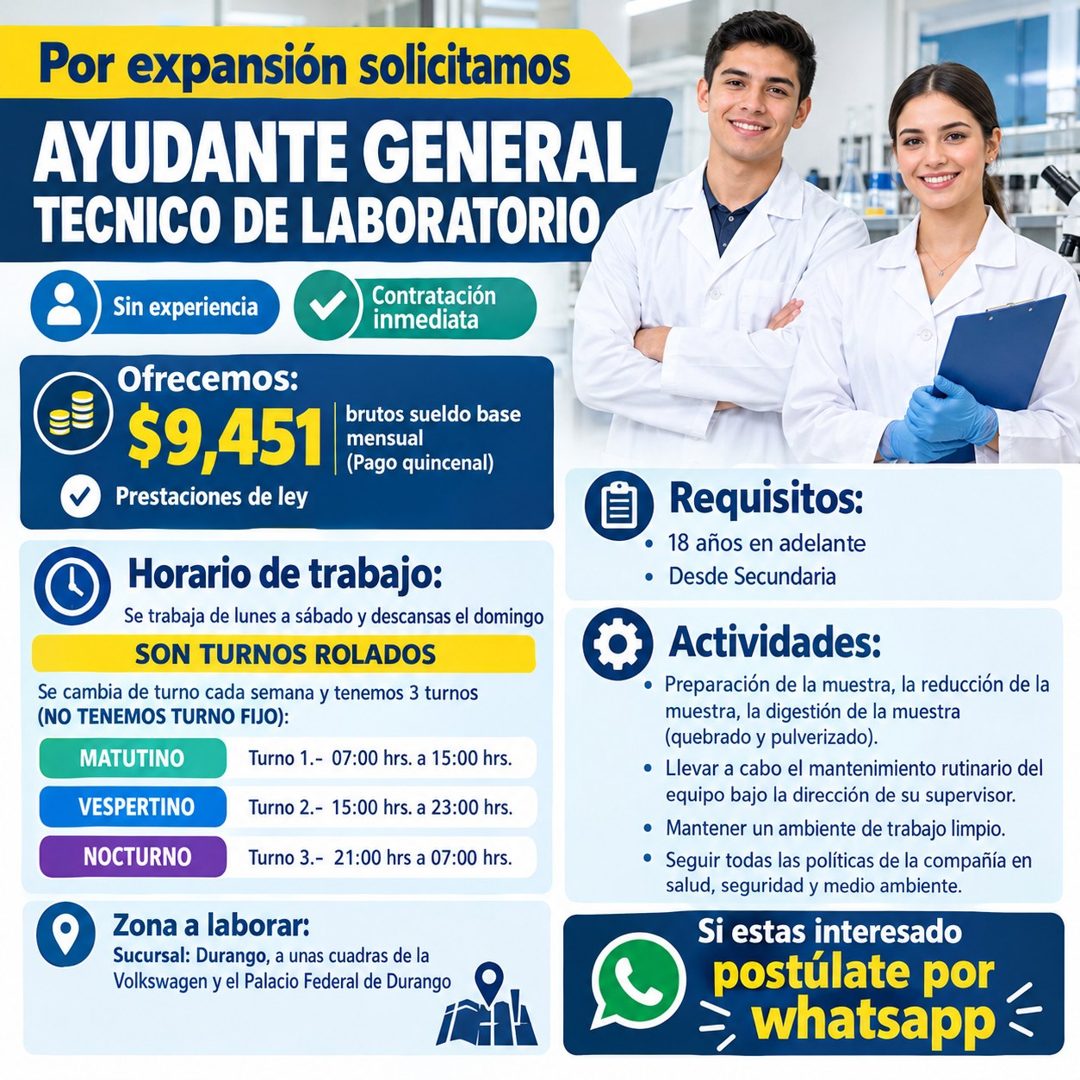 Banner del anuncio de la vacante: Por expansión solicitamos · AYUDANTE GENERAL · TECNICO DE LABORATORIO · Contratación · inmediata · Sin experiencia · Ofrecemos: · $9,451 · P