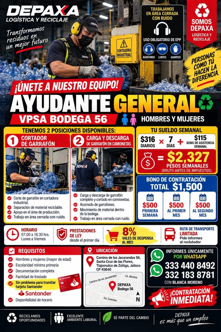 Banner del anuncio de la vacante: DEPAXA · LOGÍSTICA Y RECICLAJE · Transformamos · residuos en · un mejor futuro · TRABAJAMOS · EN AREA CERRADA · CON RUIDO · DEPRA · USO OBLI