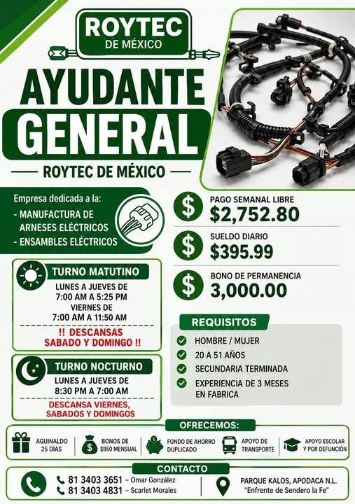 Banner del anuncio de la vacante: ROYTEC · DE MEXICO · AYUDANTE · GENERAL · — ROYTEC DE MÉXICO - · Empresa dedicada a la: · - MANUFACTURA DE · ARNESES ELÉCTRICOS · - ENSAMBLE