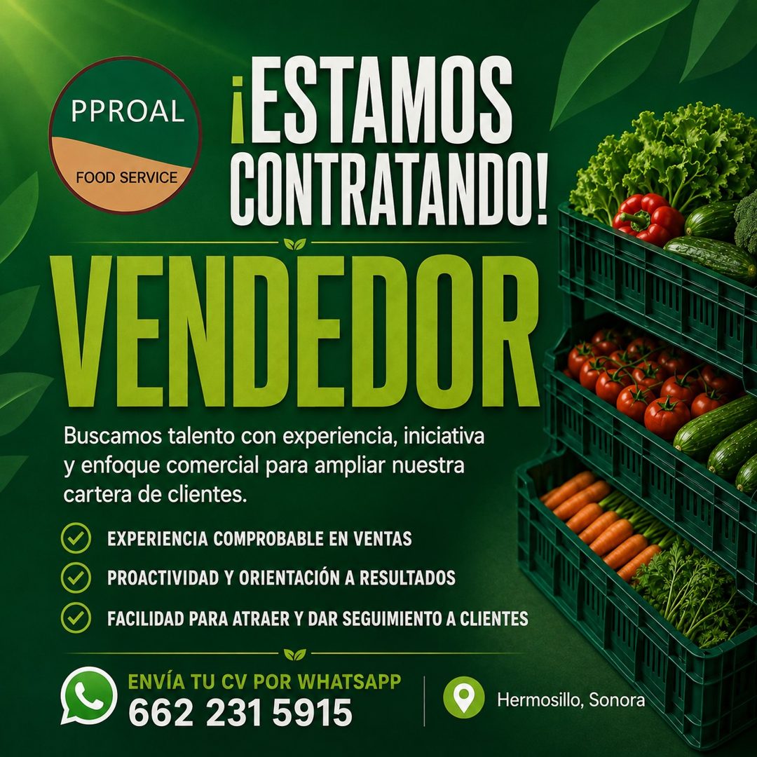 Banner del anuncio de la vacante: PPROAL · ¡ESTAMOS · FOOD SERVICE · CONTRATANDO! · VENDEDOR · Buscamos talento con experiencia, iniciativa · y enfoque comercial para ampliar